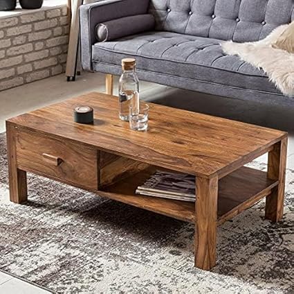 OGNIJA Solid Wooden Coffee Table with Drawer Storage and Shelf - Centre Piece for Living Room, Hall, Bedroom, Office Furniture (Finish Color :-Natural Finish)