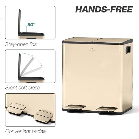 HOMCOM Dual Kitchen Bin 2 x 20L Stainless Steel Rubbish Bin Gold Tone