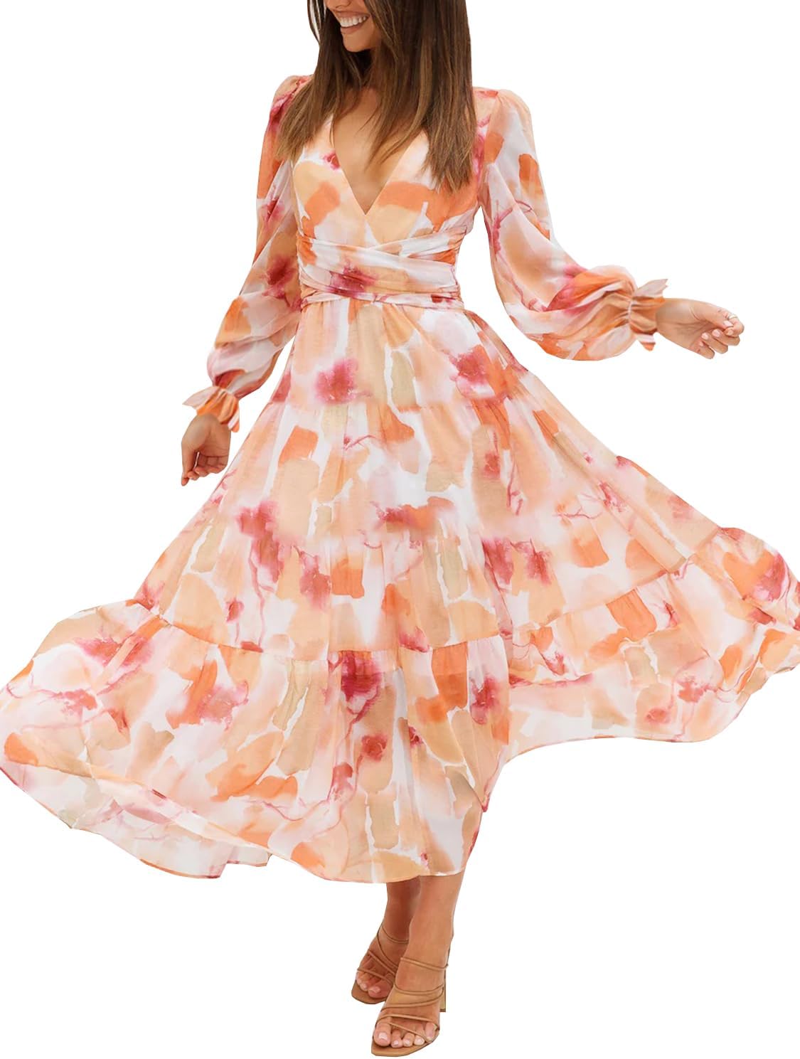 SissyakiWomen's Long Sleeve Boho Dress 2024 Spring Summer Maxi Dress Wedding Guest Casual Long Dress