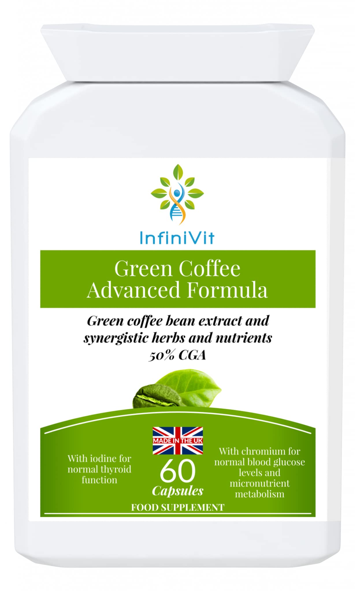 Green Coffee Advanced Formula 50% Chlorogenic Acid CGA with Cinnamon, Cayenne, Iodine and Chromium - 60 Capsules, Beneficial for Weight Loss, Appetite Control, Energy Level