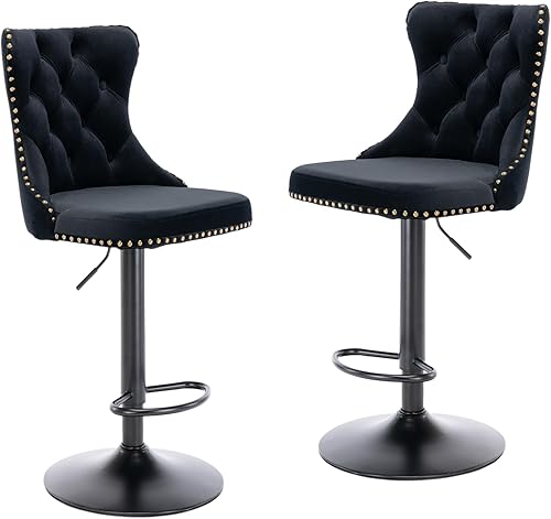 Juego de 2 taburetes de bar giratorios con altura de asiento ajustable, taburetes de bar tapizados de terciopelo con base cromada con respaldo