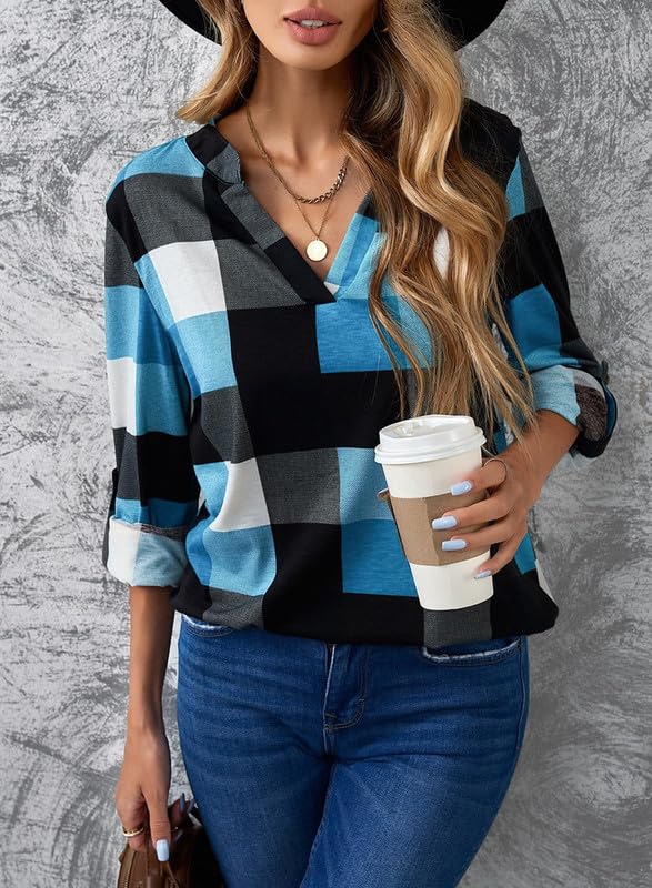 Image of Dokotoo Womens Tops Plaid Cotton Cuffed 3 /4 Sleeve Shirts Blouses
