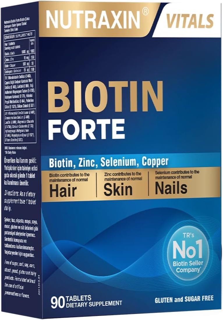 Nutraxin Biotin Forte – 5000 mcg Biotin, Çinko, Bakır ve Selenyum İçeren Saç, Cilt ve Tırnak Destek Tableti – 60 Tablet – Vegan
