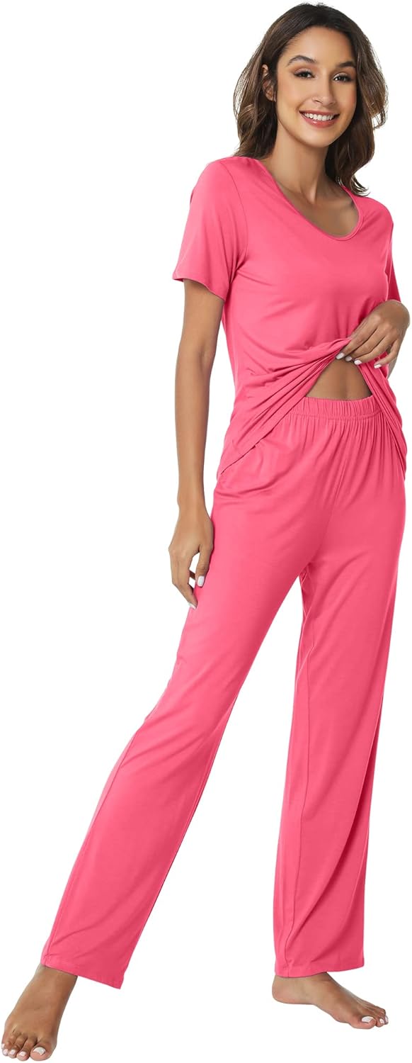 WiWi Womens Viscose from Bamboo Pajamas Set 2 Piece Soft Top with Long Pants Pjs Sleepwear Lightweight Loungewear Sets S-XXL - Image 3