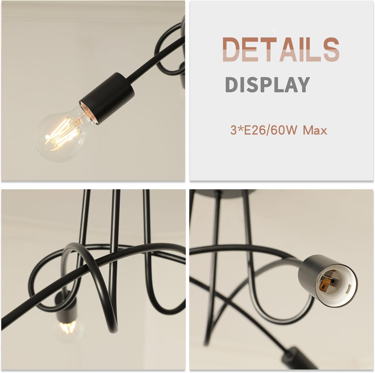 Modern Farmhouse Chandelier,22 Inch Black Metal Spiral Rustic Vintage Semi Flush Mounted Ceiling Light Fixture for Dining Room Bedroom Kitchen Island Hallway Foyer Entryway(3-Light)