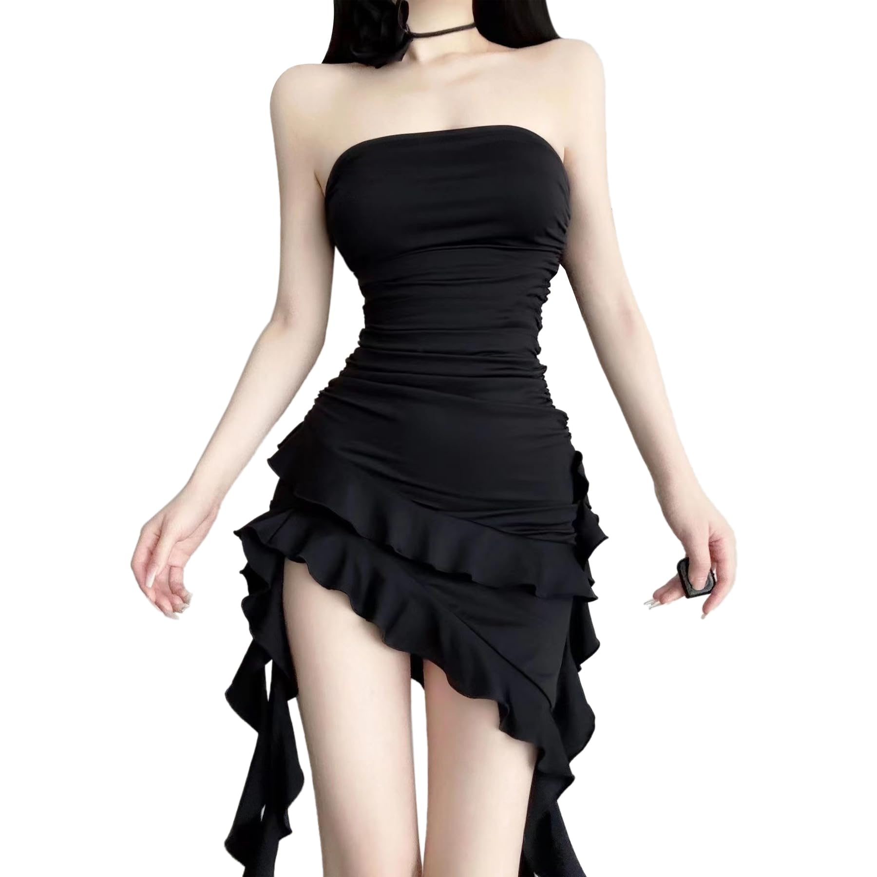 Hanaoops Womens Sexy Mini Dress Bodycon Tube Dress Sleeveless Ruched Short Dresses Irregular Hem Plain Bandeau Dresses for Party Cocktail Night Out Clubwear Black