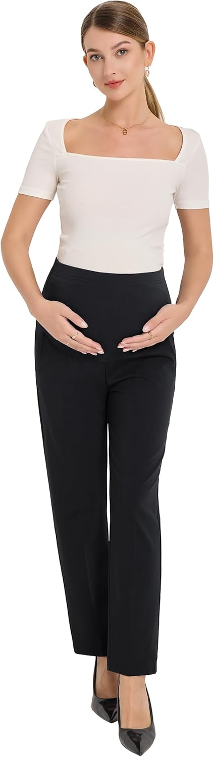 Maternity Pants for Work Pregnancy Dress Pants Stretchy Comfy Straight Leg Business Office Slacks with Pockets - Image 4