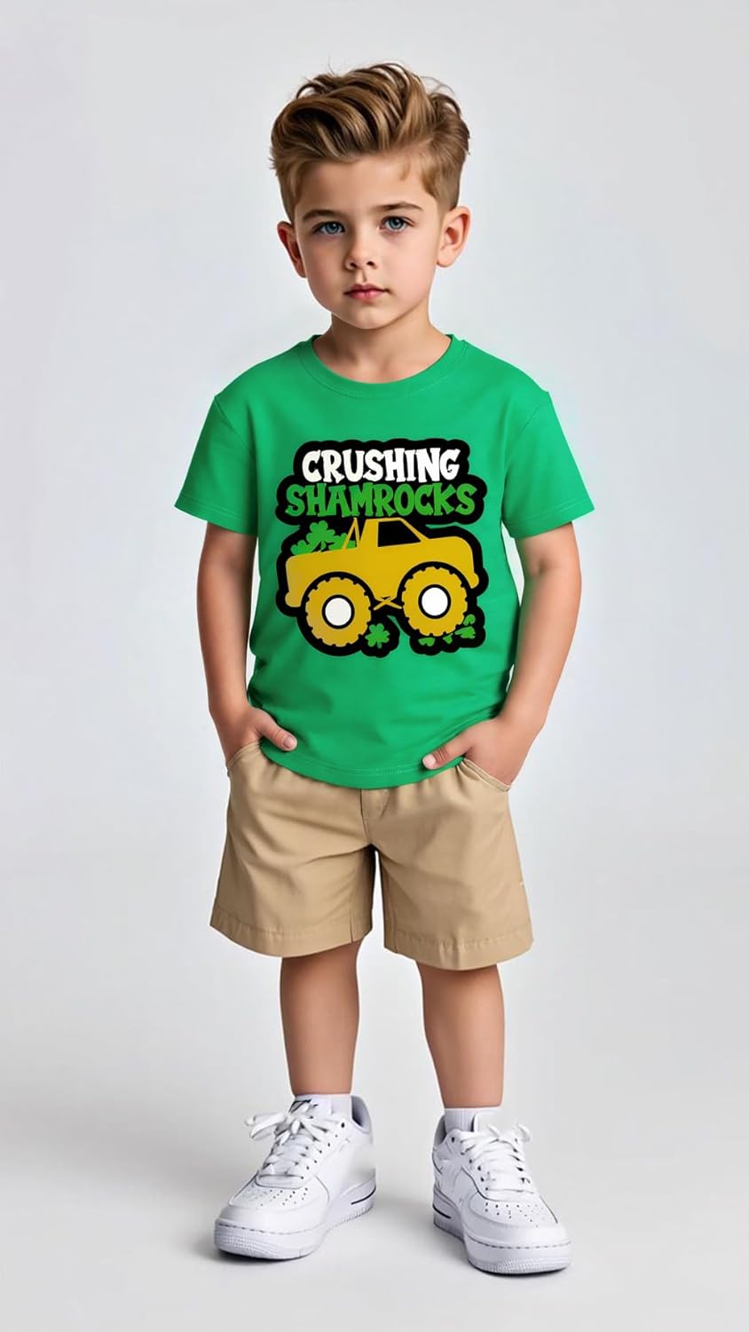 Kids St Patricks Day Shirt Girls Boys Patrick's Shamrock Clover Monster Truck Dinosaur Bow Toddler Short Sleeve 2-7T - Image 4