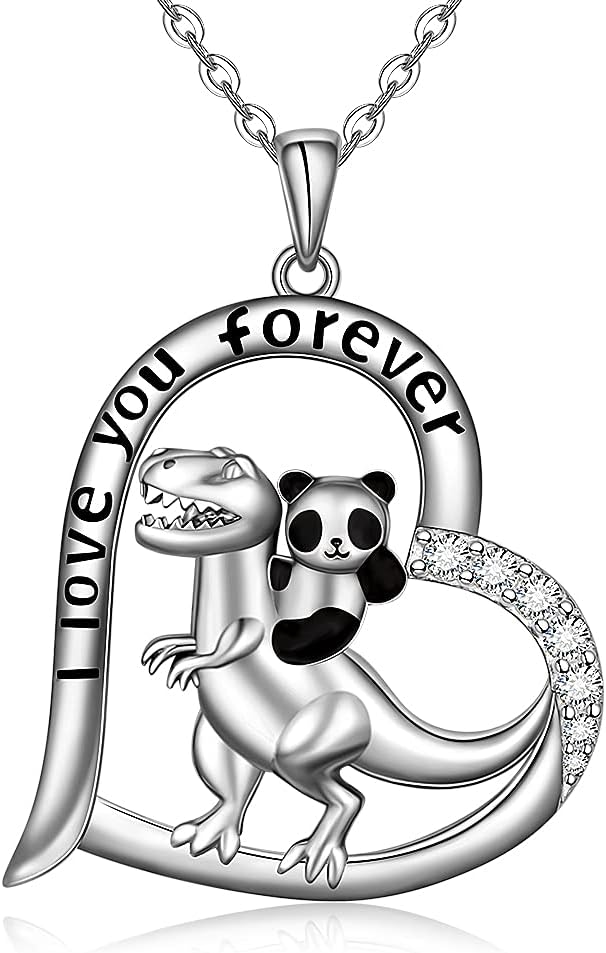 Sterling Silver Dinosaur Necklace Panda Mom and Daughter Animal T Rex Heart Pendant Necklaces for Women Dinosaur Gifts Means I Love You Forever