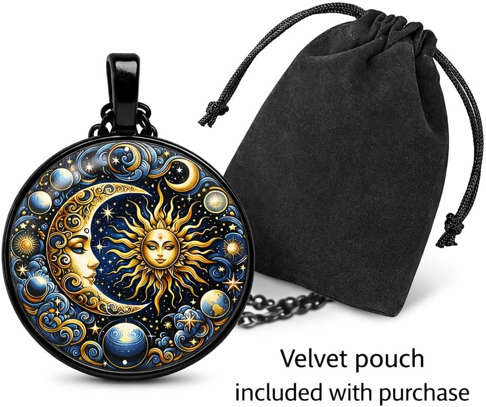 Celestial Sun and Moon Pendant Necklace, Mystical Galaxy Design, Black and Gold, 45cm Chain with 5cm Extension, 2.5cm Round Medallion