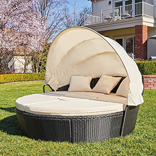 M&W Patio Furniture Round Outdoor Daybed with Retractable Canopy and Lift Top Coffee Table, PE Wicker Rattan Sectional Sofa Set for Lawn Garden Backyard Pool