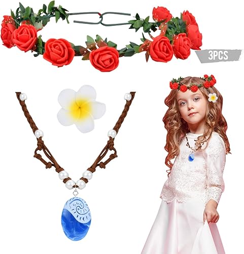 Buufan Collar de zafiro para niña para princesa Moana Cosplay con corona floral diadema y clip de pelo de flores accesorios de disfraz de película