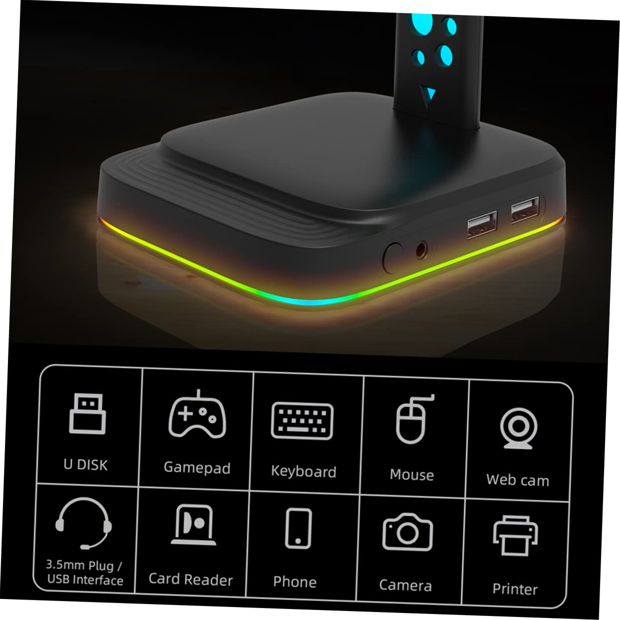 Support De Casque RGB avec Hub USB Support De Casque Gamer Multifonction pour Pc avec Ports Aux Et USB Accessoires De Bureau