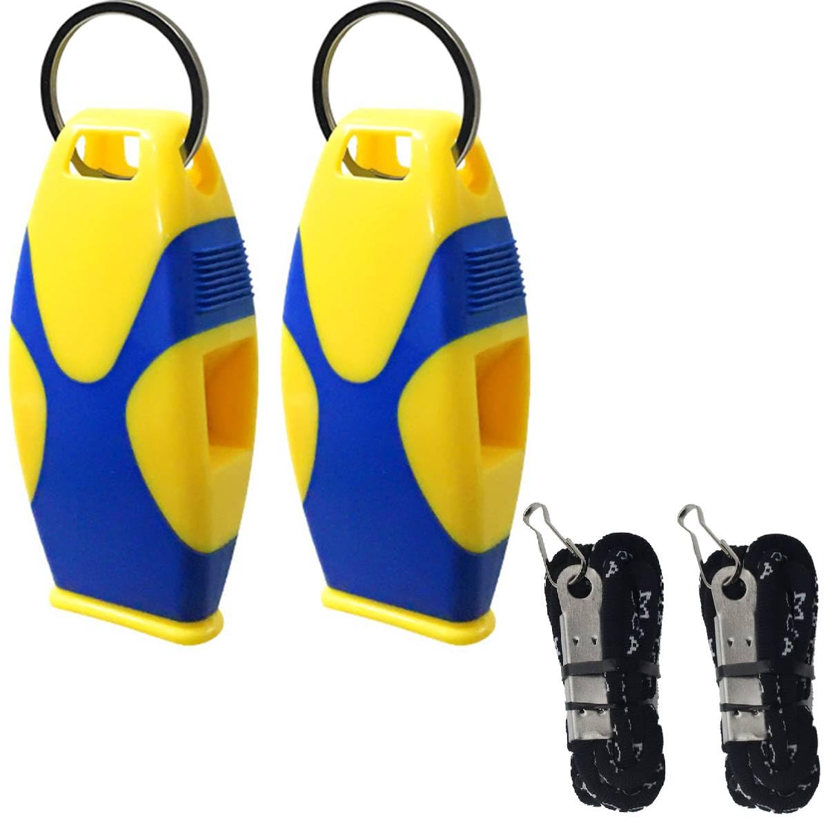 Proberos® 2pcs Sports Whistles with Lanyard & Keychain, High Decibel ABS Plastic, Loud Referee, Coach, Training, Survival, Self Defense, Compact Emergency Whistle for Outdoor Indoor Use, Blue Yellow
