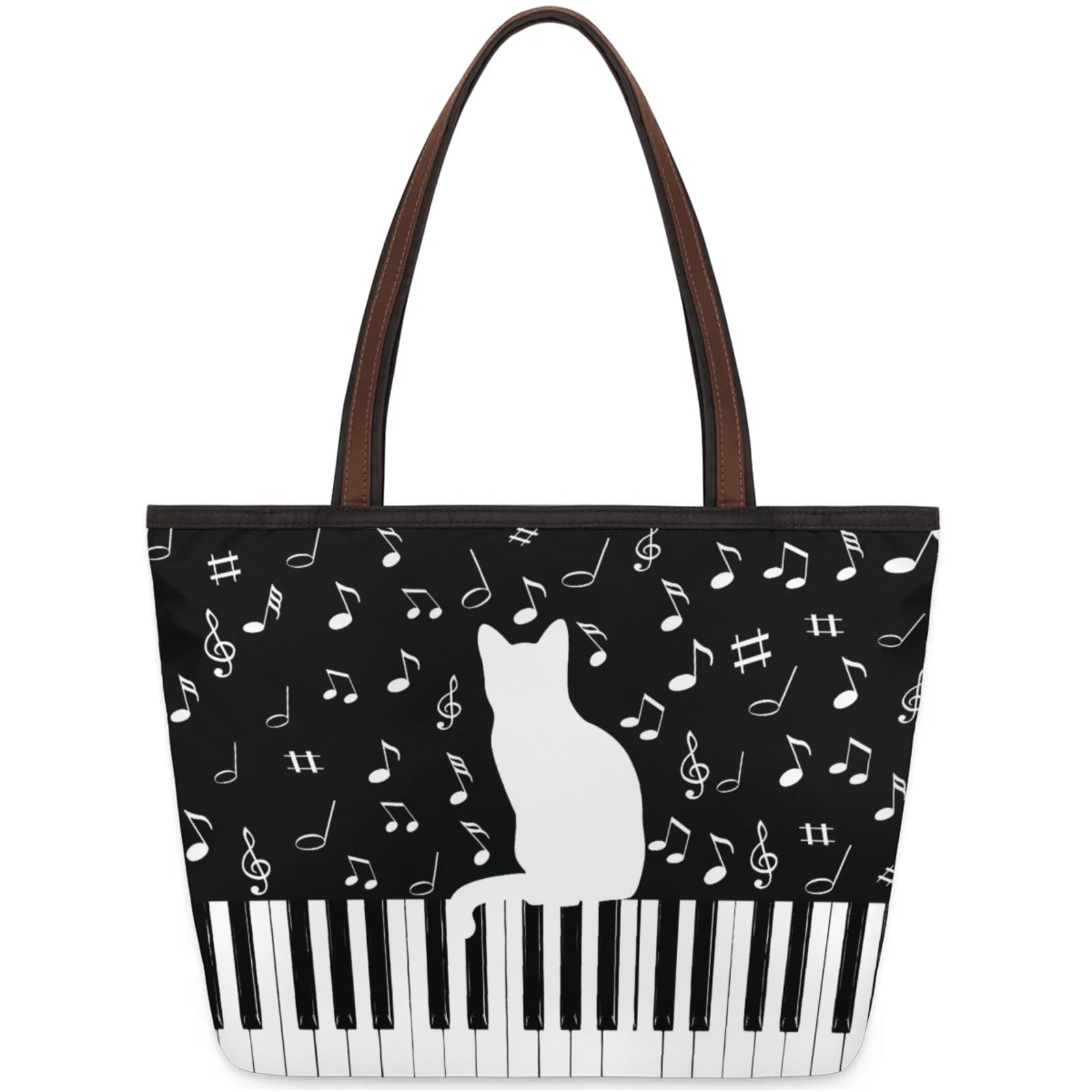 Musical Notes Piano Cat Tote Bag Multi Pocket Zippered Beach Bag Lightweight Waterproof Handbag for Women Men Work Gym Travel Swimming Yoga Grocery Shopping M