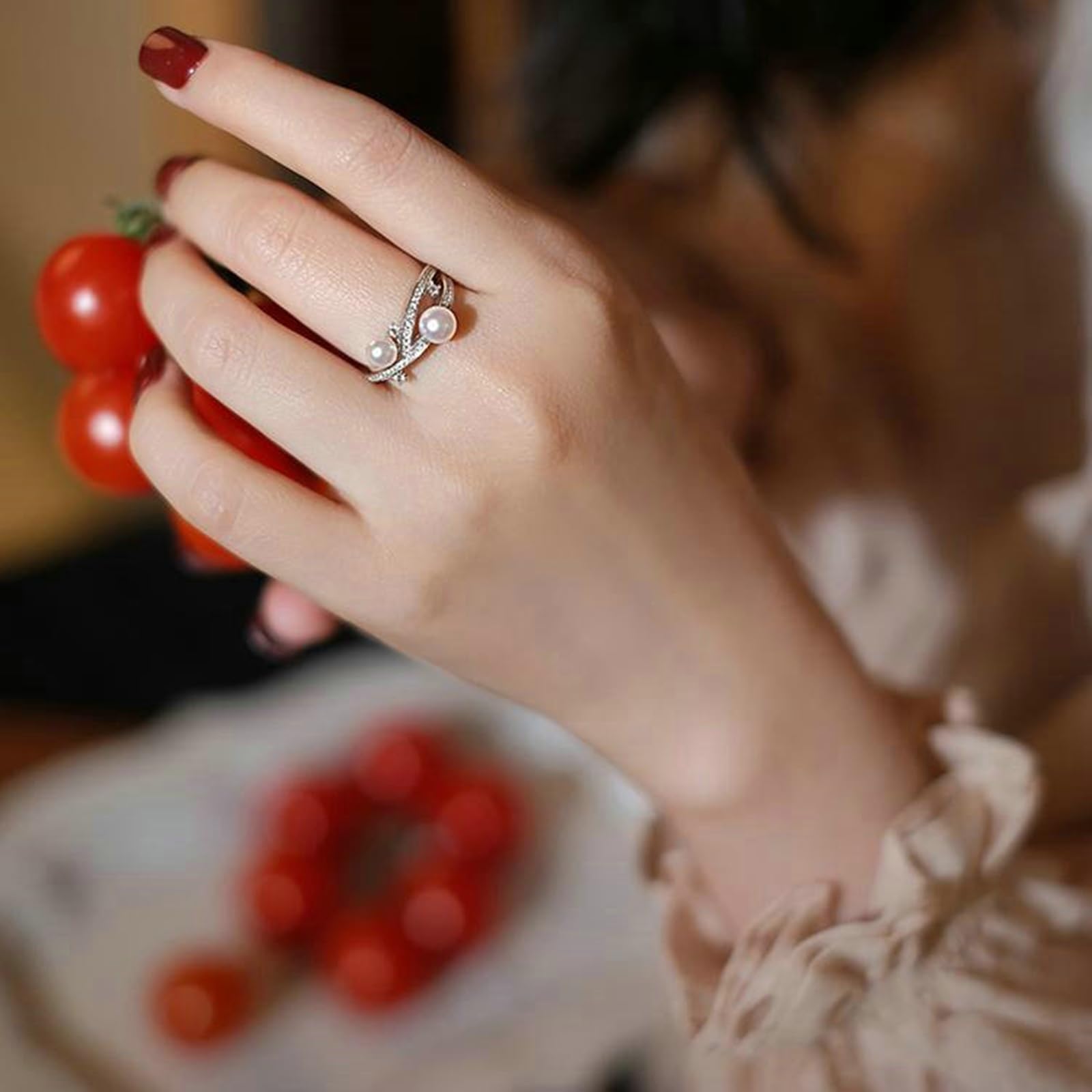 Anillo de perlas para mujer, elegante oro real, anillo de boda de oro blanco con perlas, anillos de compromiso para mujeres