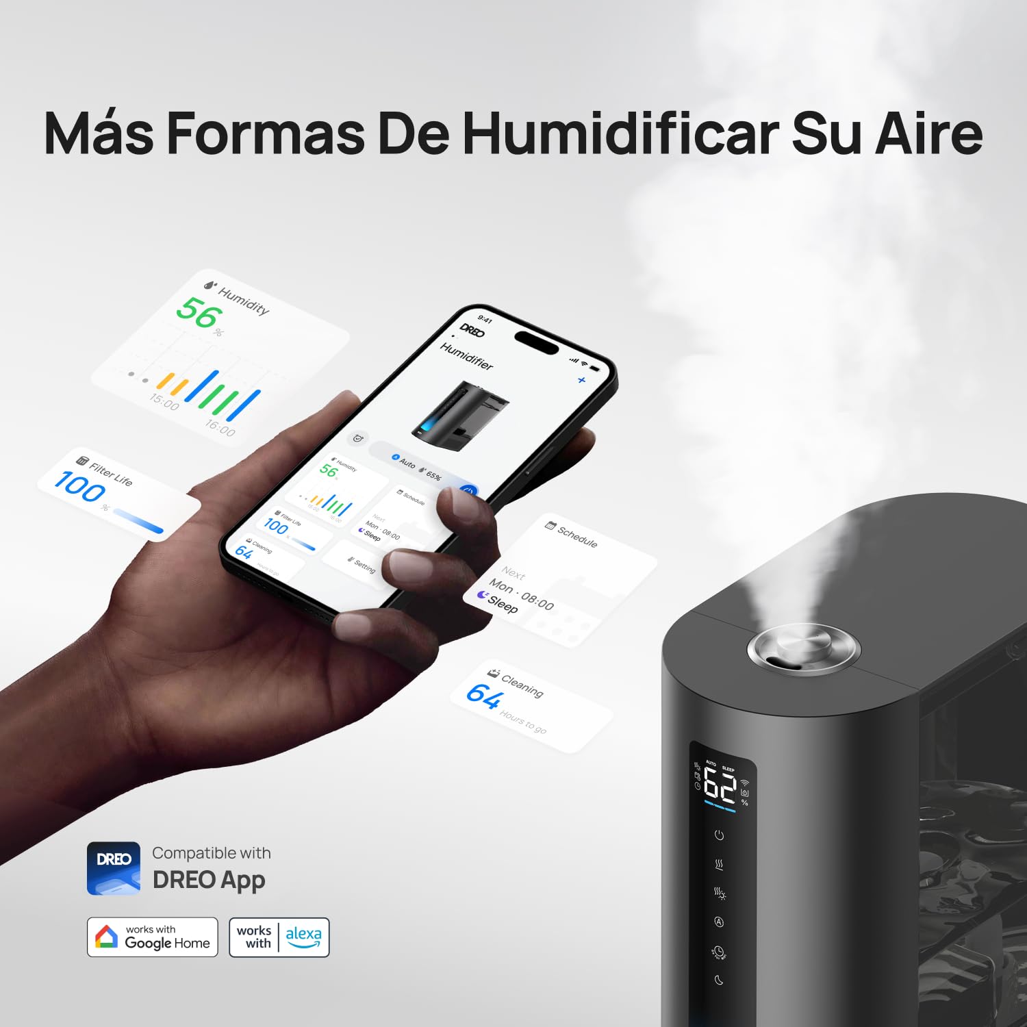DREO 6L humidificador dormitorio, inteligente para grandes espacios, vapor frío/caliente, para plantas y bebé, llenado superior, 60 horas, silencioso, temporizador, compatible con Google/Alexa, HM713S
