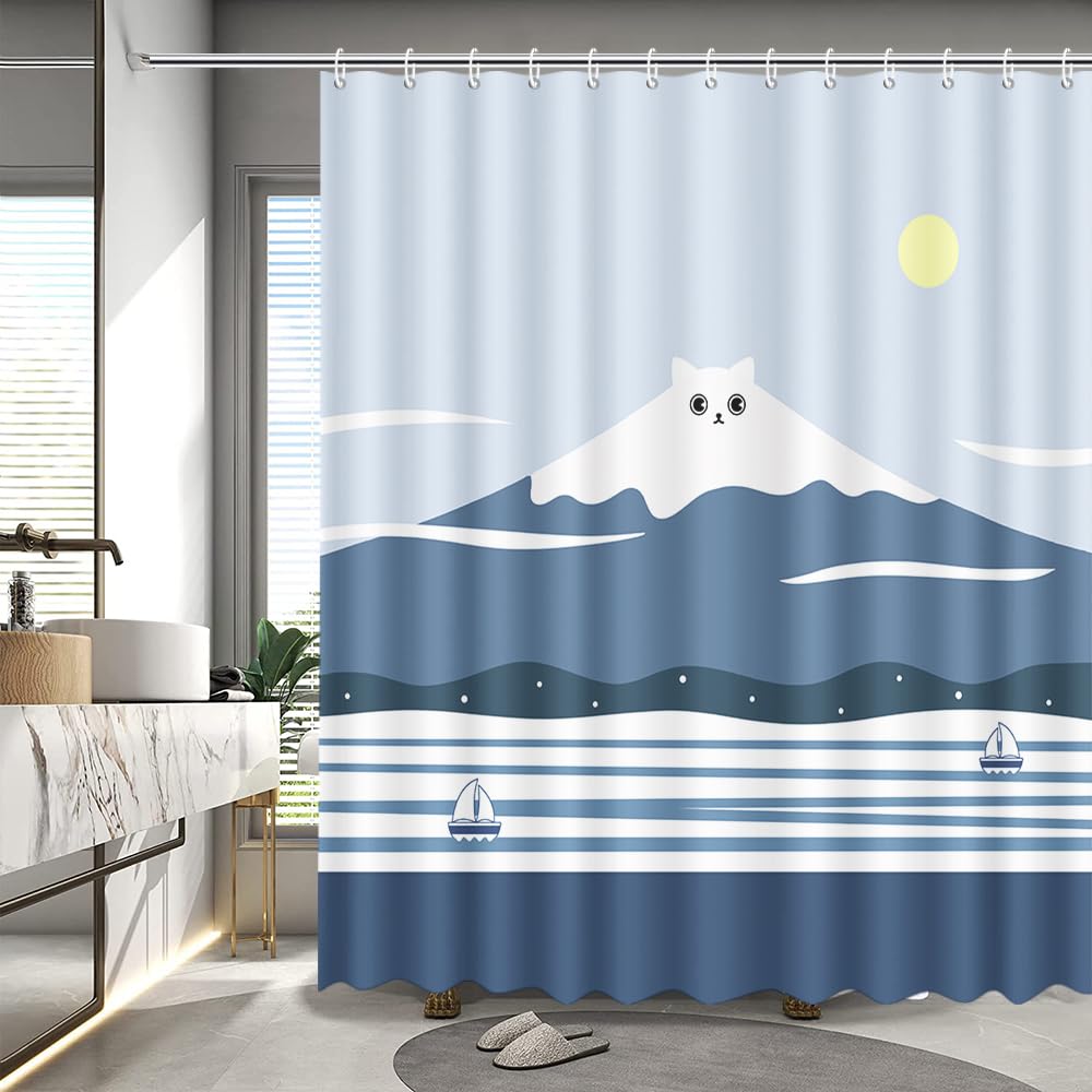 MEHOFOND Abstract Line Mountain Shower Curtain Blue Bohemian Minimalist Art Shower Curtain for Bathroom Fun cat Mountain Ocean Sailboat Themed Home