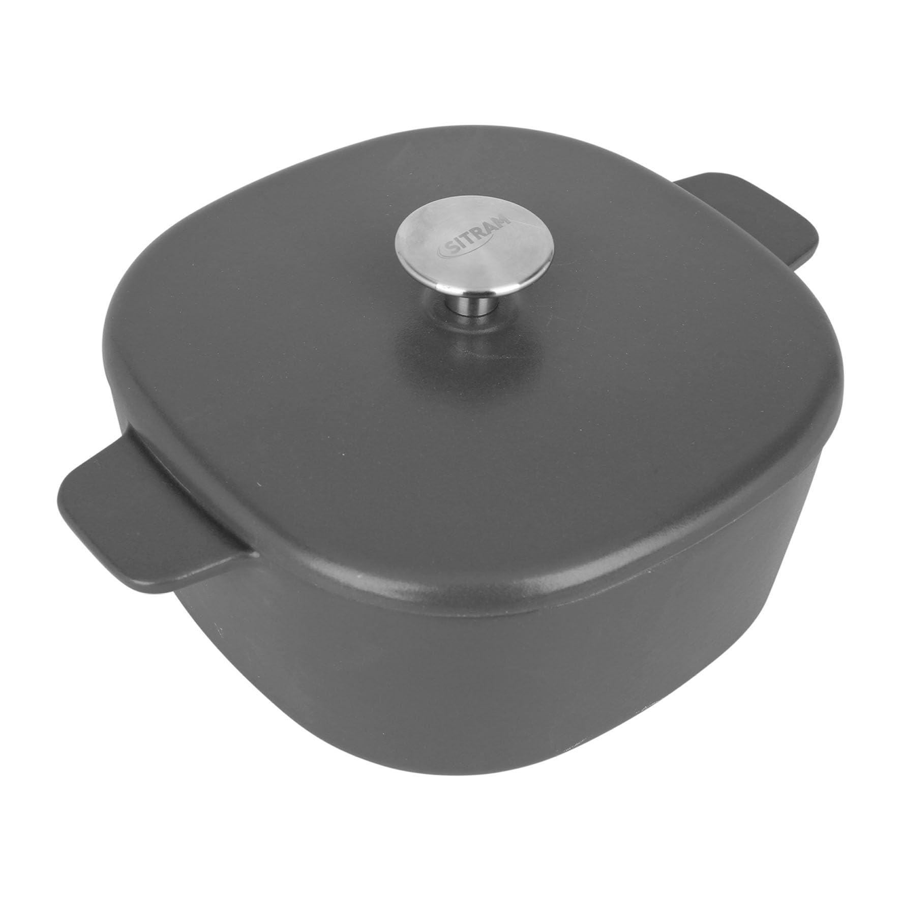 Sitram 716936 - Casseruola quadrata in ghisa smaltata, 3 litri, lunghezza 21,5 cm, larghezza 21,5 cm, altezza 9 cm, esterno e interno nero opaco, tappo in acciaio inox, tutte le fonti di calore tra
