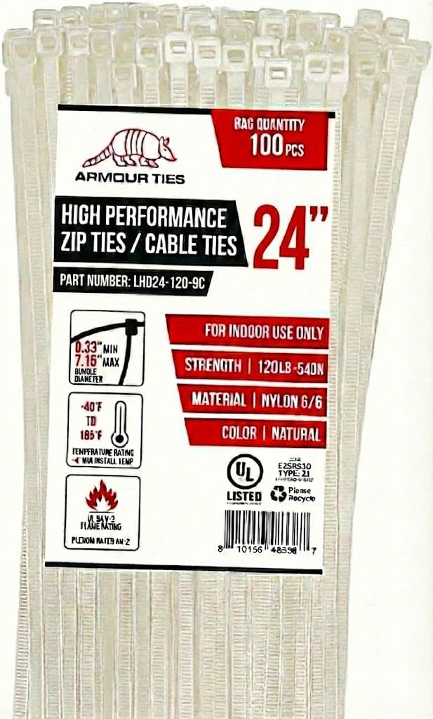 24-inch White Zip Ties Heavy Duty Natural Nylon Cable Ties, 120lb Tensile Strength, 100-Pack - Durable Wire Ties, Heavy Duty Tie Straps Indoor Cable Management Solution by ARMOUR TIES