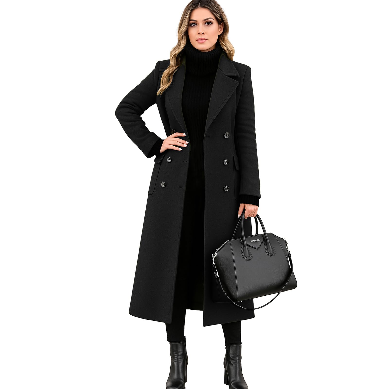 Damen Wintermantel Lang Warm Wolle Mantel Elegant Zweireihig Dicke Winterjacke Warme Lange Wollmantel Damen Winter Trenchcoat mit Gürtel Frauen Mäntel Übergang Damenmantel Winter Revers Einfarbig