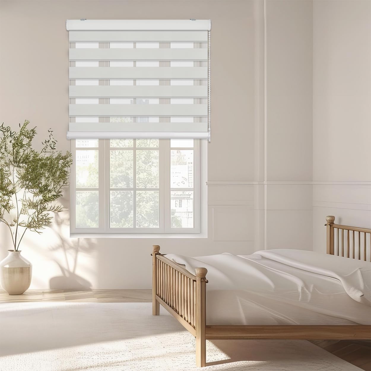 FOIRESOFT Jacquard Pattern Zebra Roller Blinds [Woodlook, White, W 38 x H 64inch], Dual Layer Safety Device Manual Shades, Light Filtering Window Covering