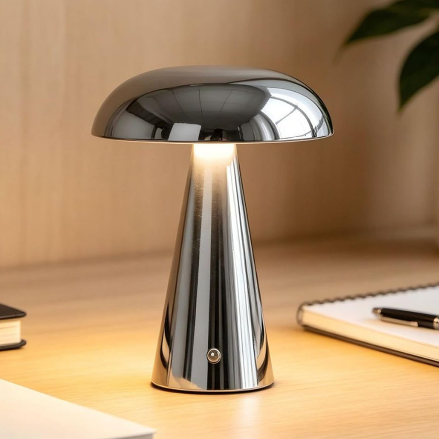 LED Mushroom Table Lamp Cordless with Touch Control Rechargeable Mushroom Lamp USB Rechargeable 1800mAh Battery Portable Table Light Bedside Lamp Wireless Bedside Lamp Bedroom Lamp Desk Lamp,Chrome