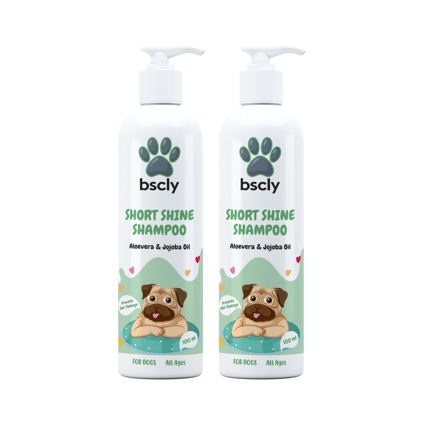 Bscly Short Shine Dog Shampoo - Ticks & Fleas Prevention - Enriched with Chamomile, Aloe and Coconut Oil - Moisturizes & Heals Skin - Suitable for Pomeranians to Golden Retrievers - 100Ml Pack of 2