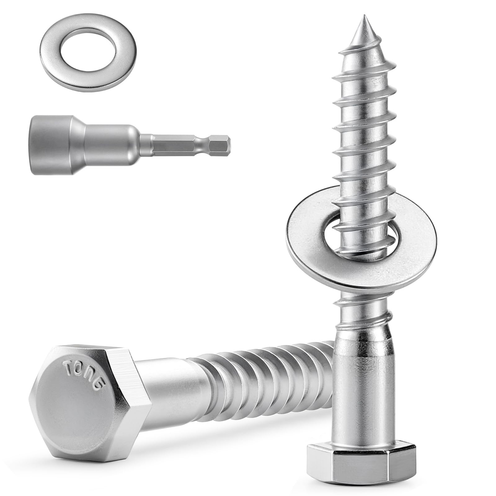 Stainless Steel Lag Screws - 20 Sets with Washers & Bit -9