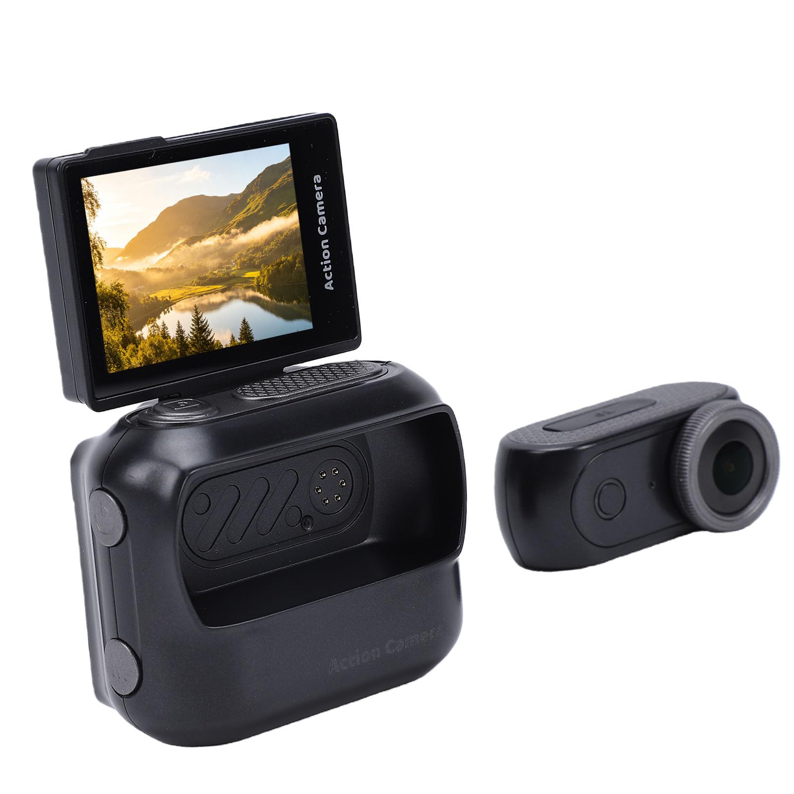 Kamera Akcji z Odchylanym Ekranem, Magnetyczna Odłączana Kamera 4K 48 MP z 2-calowym Ekranem Dotykowym do Vlogowania na Rowerze i Narciarstwa, Podwójny System Baterii (BLACK)