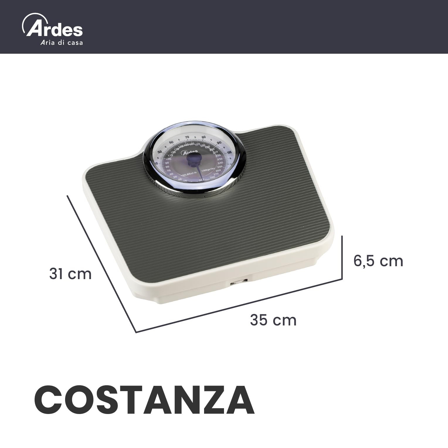 ARDES - AR2PP2M Pèse-Personne Mécanique Sans Piles Style Vintage avec Tapis Antidérapant - Poids en Kilos et en Livres