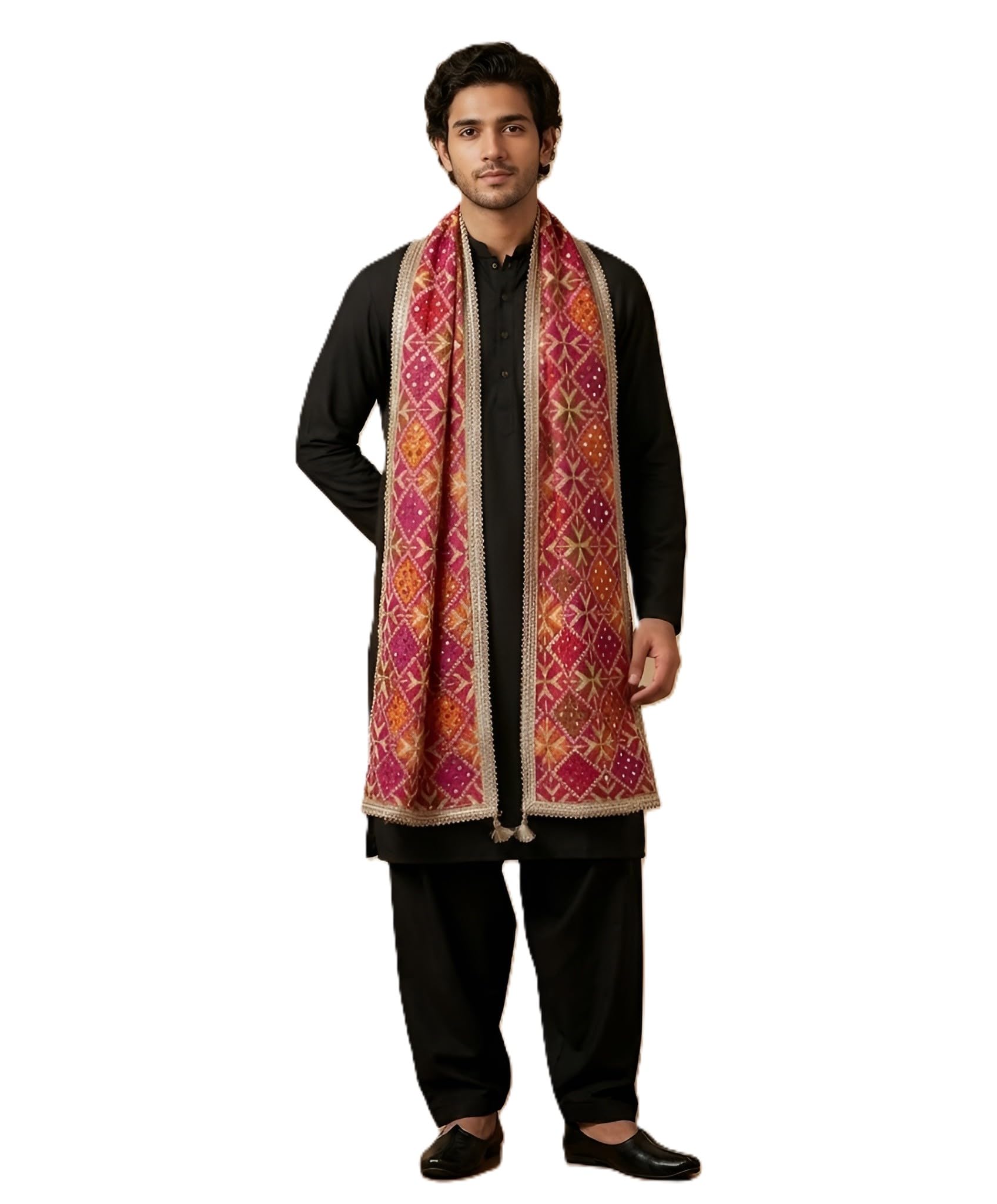 muffly Chinon Multicolour Phulkari Embroidered Men's Dupatta with Mirror Detailing-picture-15