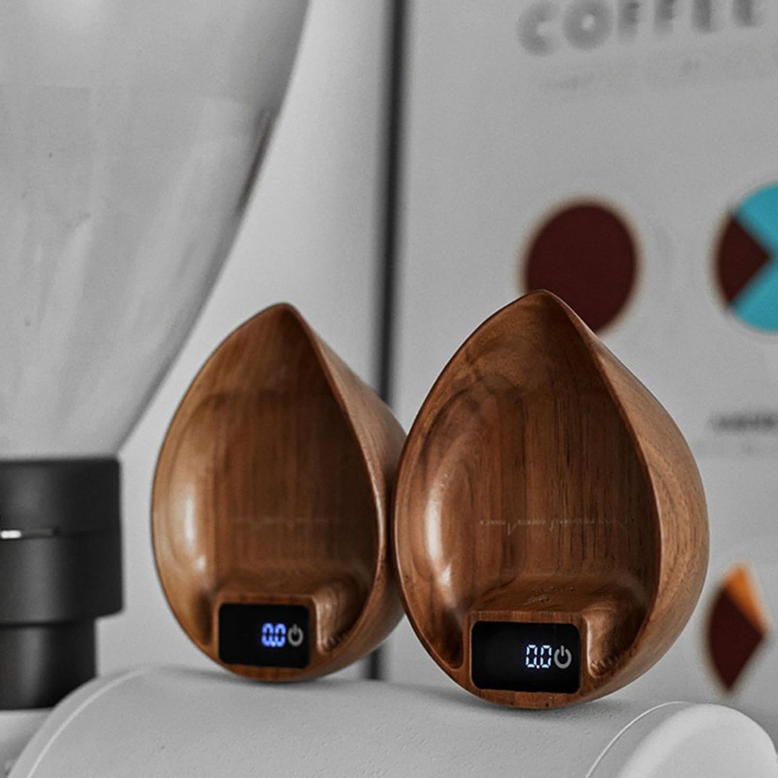Báscula eléctrica elegante para café expreso, con textura de madera, bandeja de pesaje de café, báscula de cocina para café