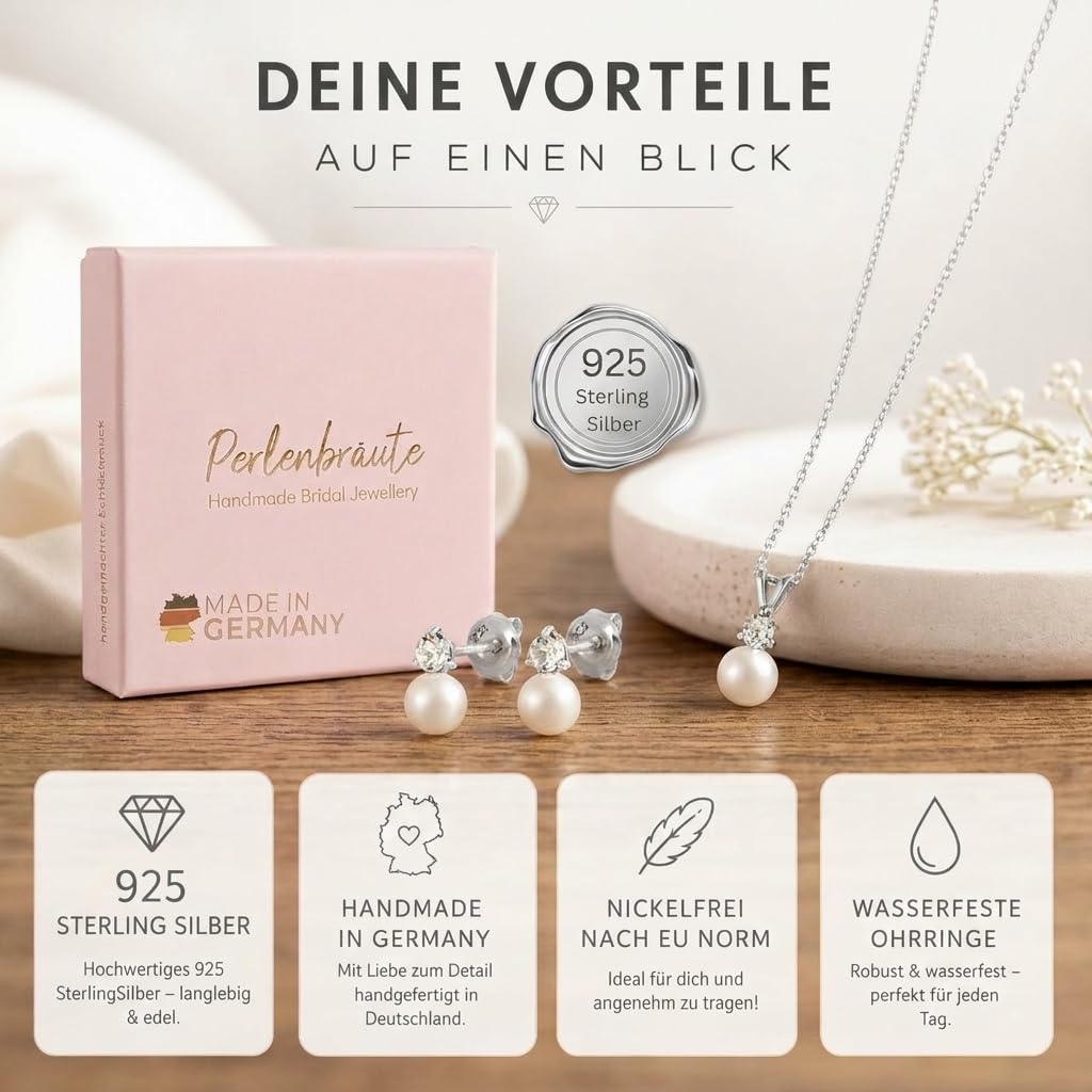 Schmuck Damen Hochzeit mit Zirkonia-Kristallen & Perlen – premium 925 Silber – hochwertiger Brautschmuck – Schmuckset Braut – Perlenohrstecker