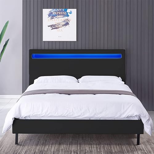 LUSIMO Marco de cama LED tapizado tamaño Queen con cabecero moderno marco de cama tamaño Queen con 16 luces LED que cambian de color listones de