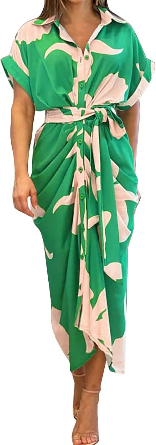 Women Print Lapel Short Sleeved High Waist High Waist Long Shirt Dress Women Cocktail Dress Halter