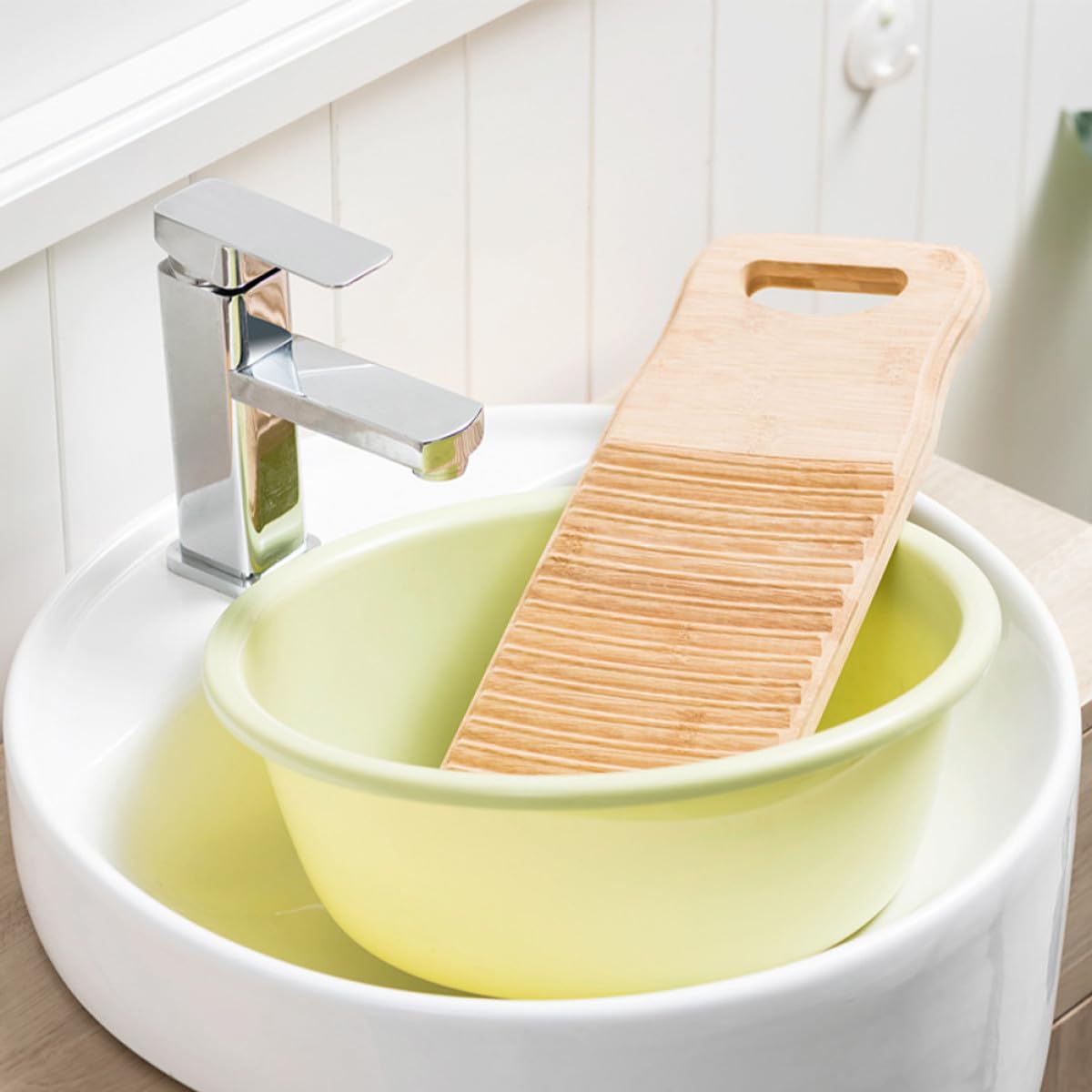 STOBAZA Waschbrett Holz Bambus mit Rutschfestem Design Verdicktes Wäschebrett aus Robustem Verbundmaterial für Kleidung im Haushalt und Shop