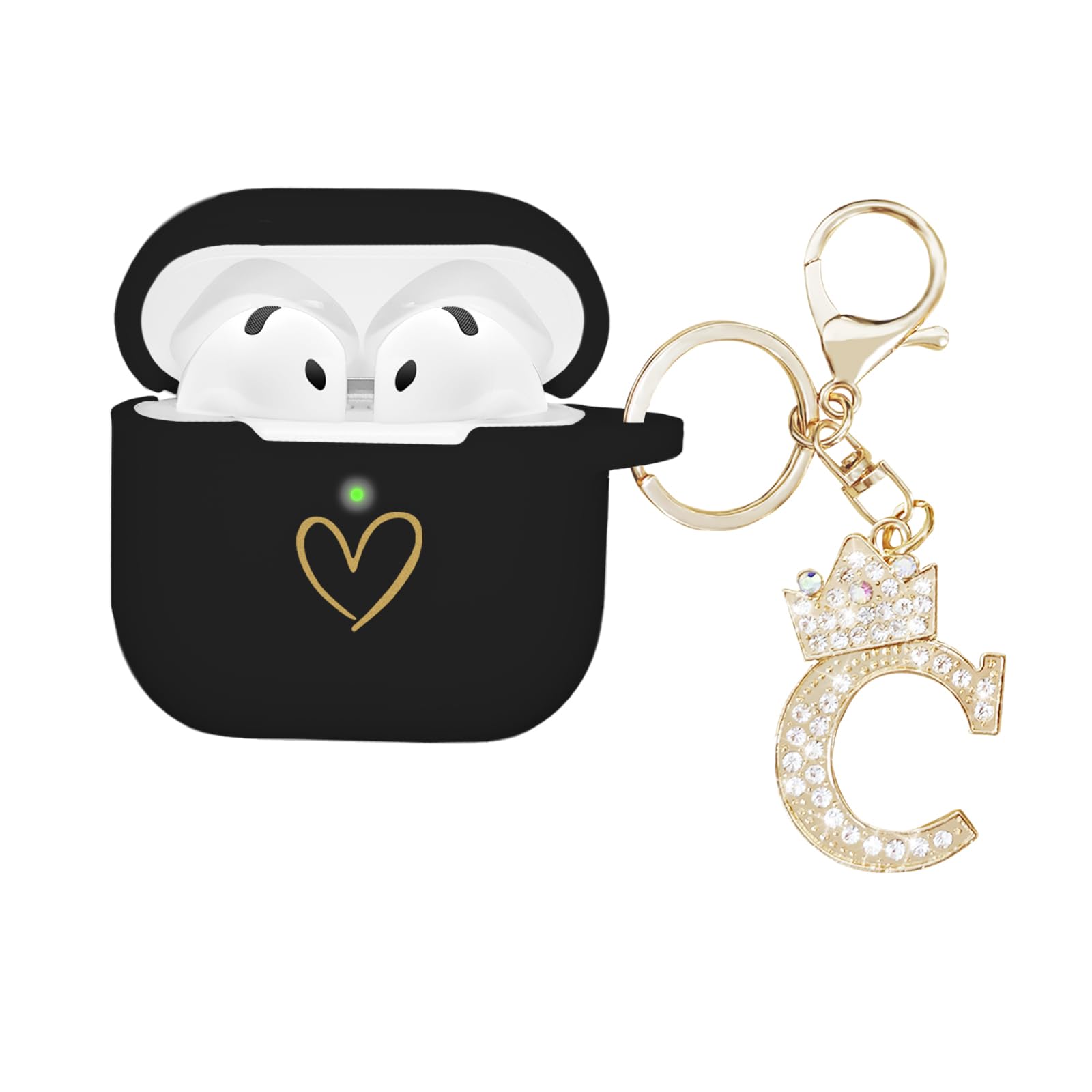 AIIEKZ AirPods 4 Case Cover, Soft Silicone Case with Gold Heart Pattern for AirPods 4th Generation, Rhinestone Studded Letter A-Z Keychain (C Black)