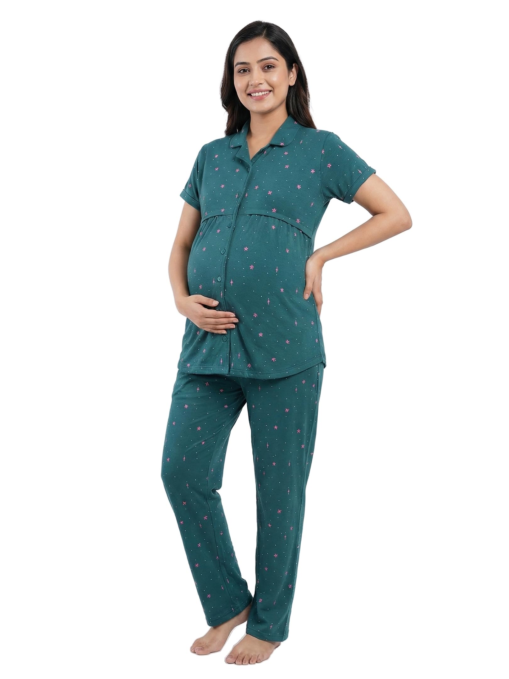 Maternity Night Suit for Women Cotton Polka Dot & Star Printed Feeding & Nursing Night Dress 1186-image-48