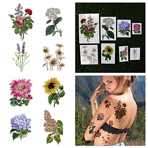 Tattify Colorful Flower Temporary Tattoo Pack - Potpourri (Complete Set of 16 Tattoos - 2 of each Style) - Individual Styles Available