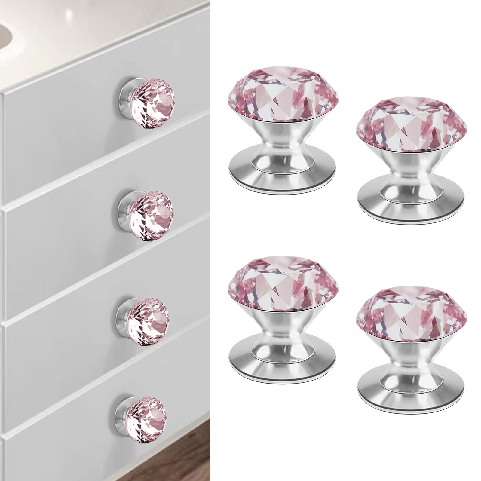 NALACAL Self-Adhesive Crystal Knobs, 4 Pcs, Diamond Pink Crystal Pulls Mirror Doors Knobs Drill Free Dresser Knobs for Medicine Cabinet Glass Sliding Doors Fish Tank Lid Terrarium Furniture Hardware