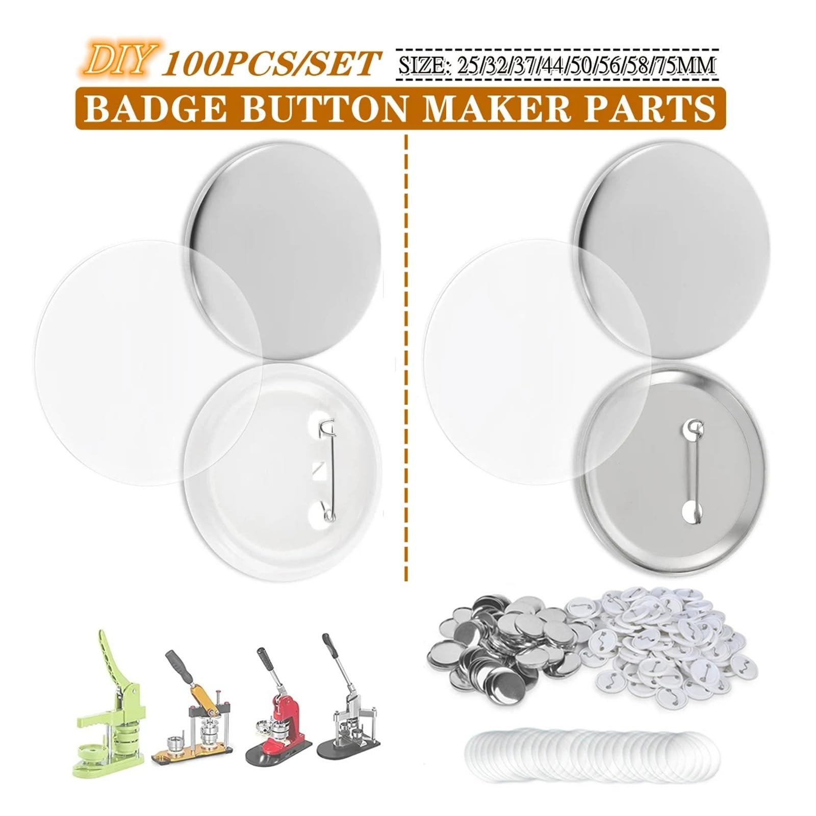 Lot de 100 pièces de badges vierges, 25 à 75 mm, en plastique/métal, for machine à presser, for badges à épingles DIY Compatible(Plastic Base 100Pcs,25MM)