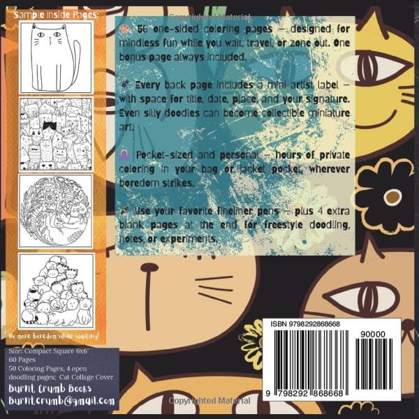 "Tiny Cats" Mini Coloring Book; Pocket Sized 6x6"; 50 Coloring Pages: 'Art Thérapie Series'; Quirky, Confident Miniature Cats to Color! image 3