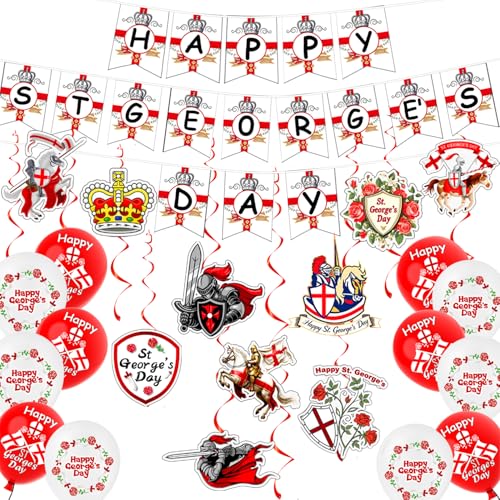 Solihigh St Georges Day Decorations Bunting Banner with Swirls Balloons Streamers for England National Backdrop Decorations Indoor Outdoor Hanging Decor St. Georges Day Occasion