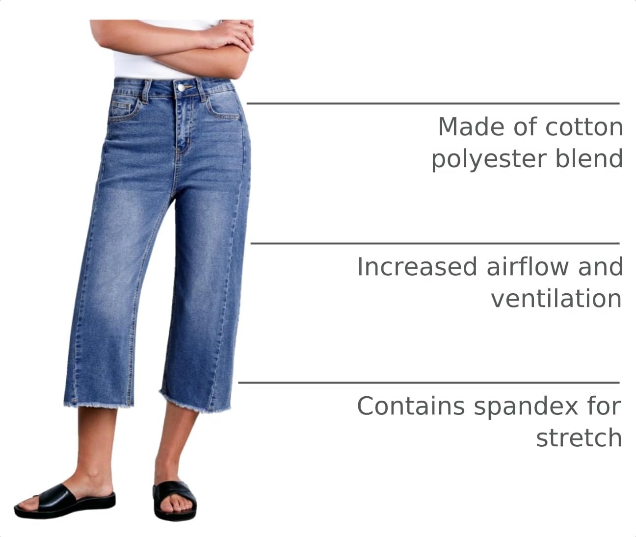 Sidefeel Women's Capri Jeans High Waisted Wide Leg Stretchy Raw Hem Side Seam Zimbaplatinum Denim Pants image 4