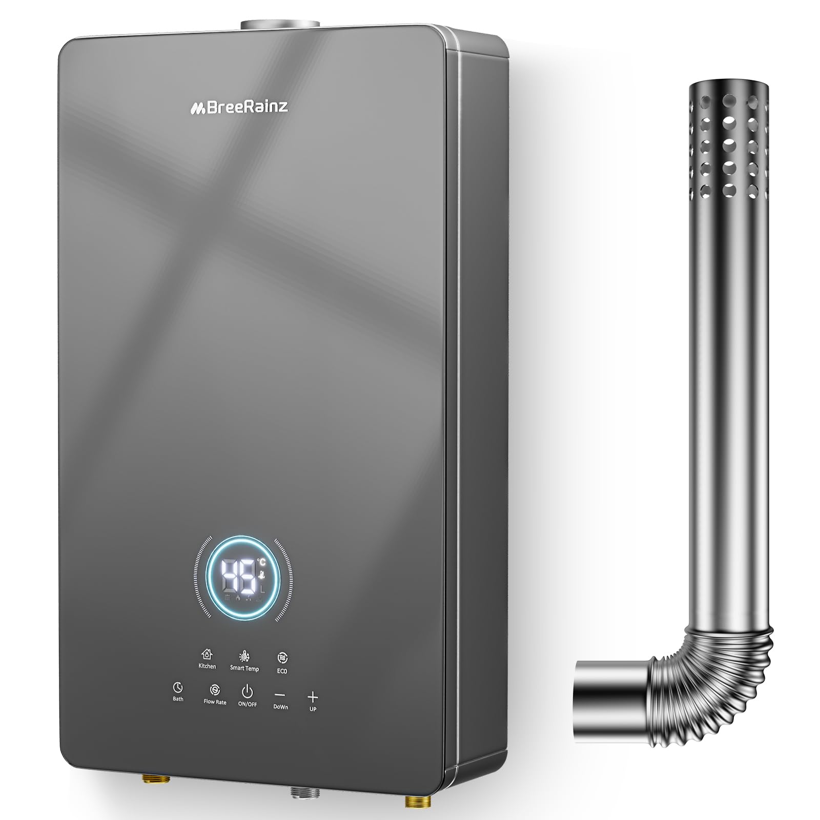 BreeRainz 16 LPM Calentador de Agua Gas,32 kW Calentador de Agua Butano Propano con 5 Modos, Botones de Pantalla Táctil LED, Toma de 220 V, Funcionamiento con Butano y Propano