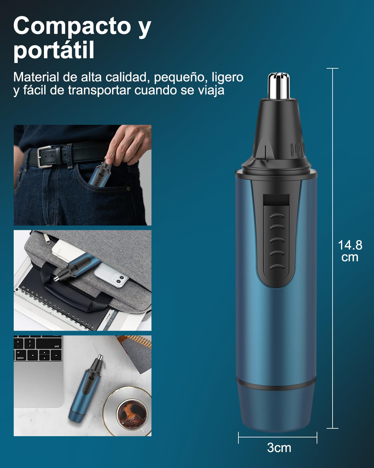 Cortapelos Nariz y Oreja, 3 en 1 Profesional - Recortador Pelos Nariz, Orejas, Cejas y Facial, Quita Pelos Indoloro, Resistente al Agua, USB Recargable, Para Hombre y Mujer — view 6