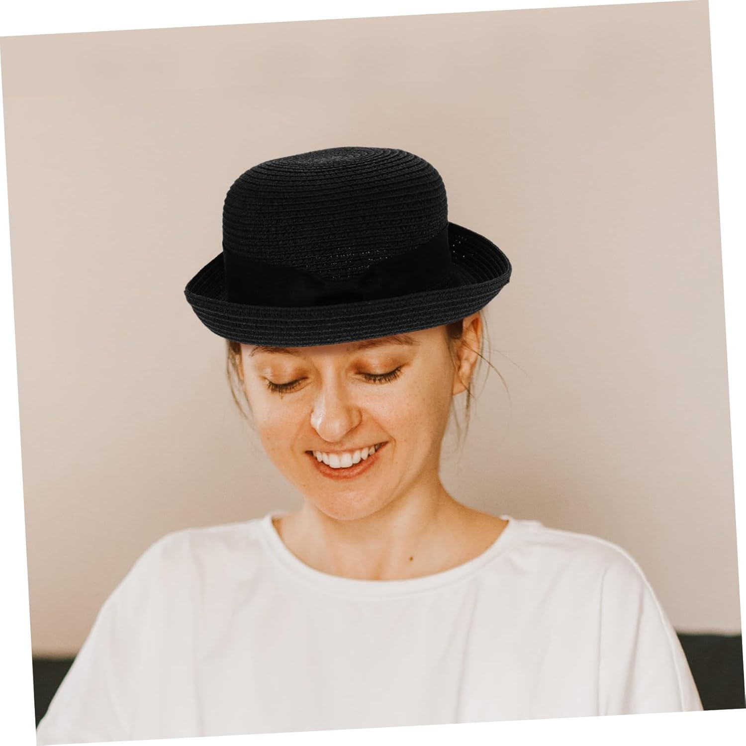 Toyvian Women Sun Hat Dome Straw Sun Hat with Bowknot Roll-up Wide Brim Foldable Beach for Summer Travel Free Size Fits 22-23 Inch Head Black - Image 7