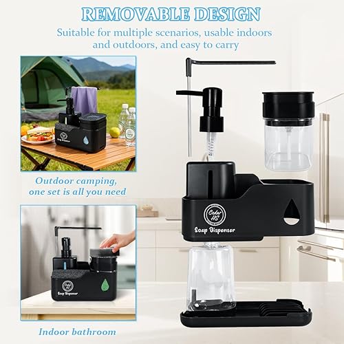 Miniatura 6 de Juego de dispensador de jabón para manos y platos de cocina (negro) - Botellas de doble bomba con organizador de esponja, soporte para cepillo,