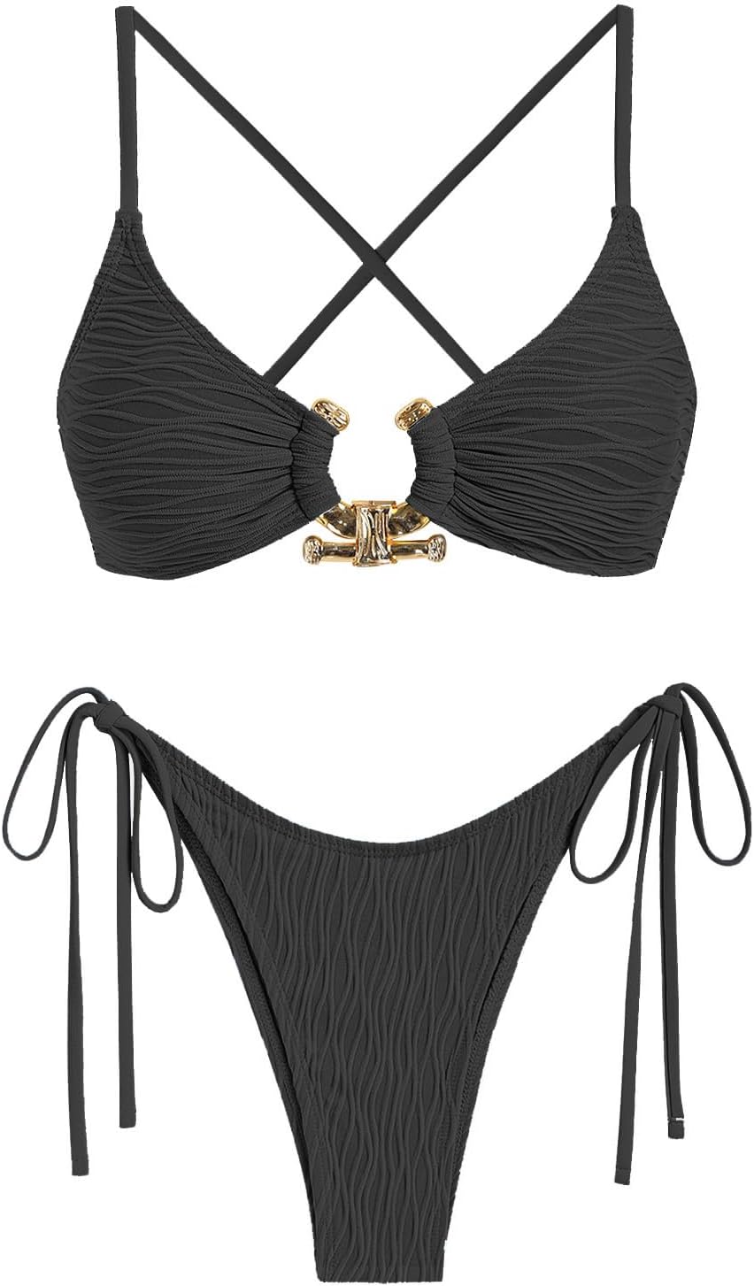 ZAFUL Women's Bikini Sets Ribbed Metal O Ring Criss Cross Two Piece Swimsuit Cheeky High Cut Side Tie Thong Bathing Suit